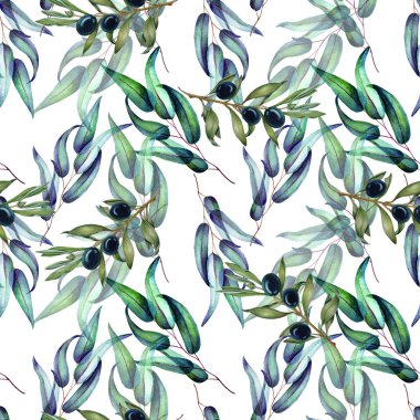 Zeytin dalları ve meyveleri ile suluboya dikişsiz desen.