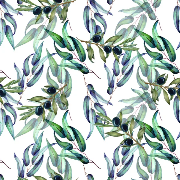Zeytin dalları ve meyveleri ile suluboya dikişsiz desen.
