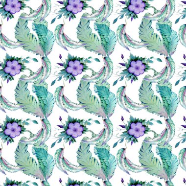 Soyut mavi yaprakları ve çiçekleri ile suluboya dikişsiz arka plan.