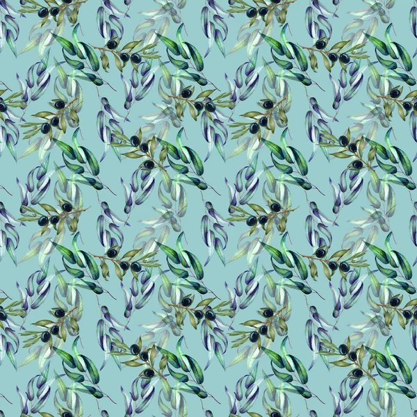 Zeytin dalları ve meyveleri ile suluboya dikişsiz desen.