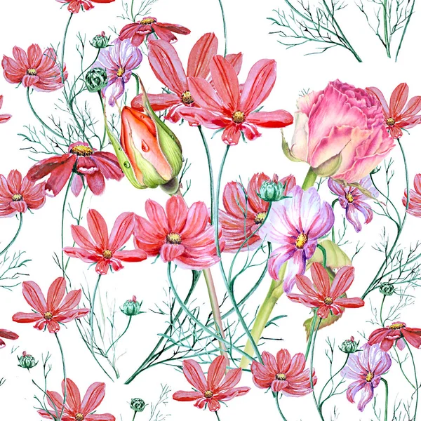 Botanische aquarel naadloze patroon van bloemen in de tuin. — Stockfoto