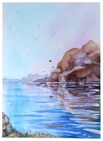 水と水彩の縞模様の石と水彩画の風景。カレリア. — ストック写真