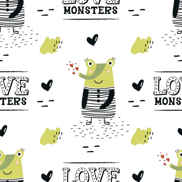 Amor Monstruos Divertidos Monstruos Patrón Sin Costuras Con Letras Ilustración —  Fotos de Stock
