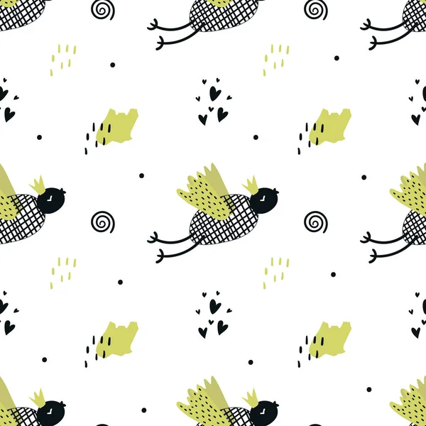 Funny seamless pattern with bird. Color kids vector illustration in scandinavian style.
