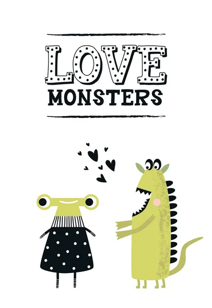 Amor Monstruos Cartel Vivero Divertido Con Monstruos Lindos Letras Ilustración —  Fotos de Stock