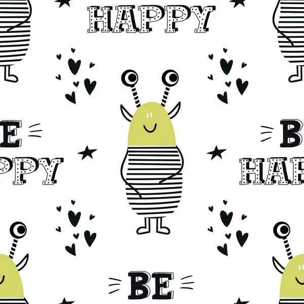 Happy Funny Monsters Seamless Pattern Lettering Color Kids Vector Illustration — Stock Photo, Image