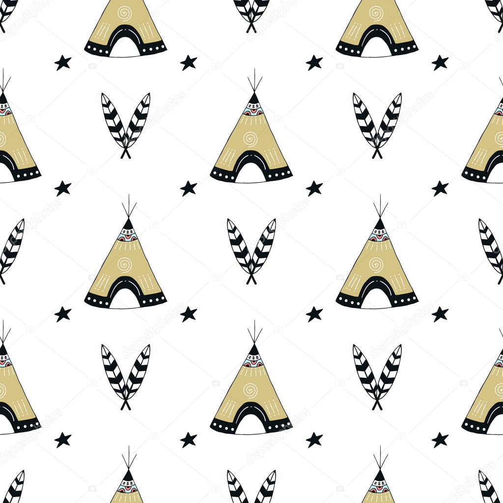 Cute hand drawn seamless pattern with wigwam in scandinavian style. Kids vector illustration.