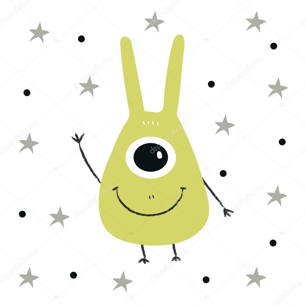 Funny nursery poster with cute monster. Color kids vector illustration in scandinavian style.