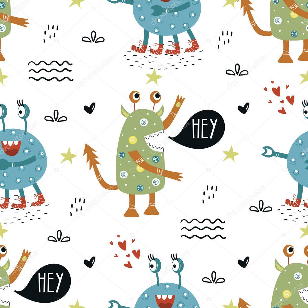 Funny monsters seamless pattern with lettering. Color kids vector illustration in scandinavian style.