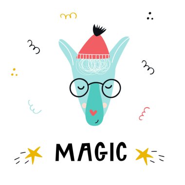 Magic - şirin el çekilmiş kreş poster ile gözlük ve şapka ve elle çizilmiş yazı serin Lama hayvanla. Vektör çizim candinavian tarzı.