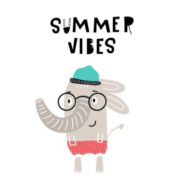 Yaz vibes - şirin el çekilmiş kreş posteri çizgi film fil içinde yazı ile gözlük ile. Vektör çizim İskandinav tarzı.