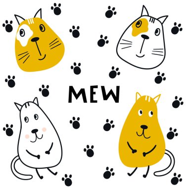 Şirin çocuk karikatür hayvan cats iz ve yazı ile topluluğu. İskandinav tarzı yabani karakter kümesi.