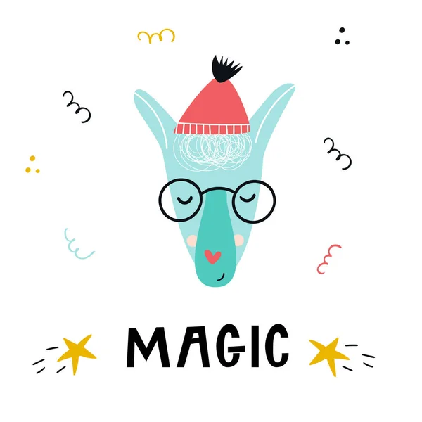 Волшебство Симпатичный Плакат Ламой Очках Шляпе Нарисованный Вручную Векторная Иллюстрация — стоковое фото