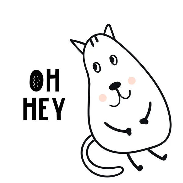 Hey Cute Hand Drawn Nursery Poster Cartoon Cat Lettering Vector — Stock Photo, Image