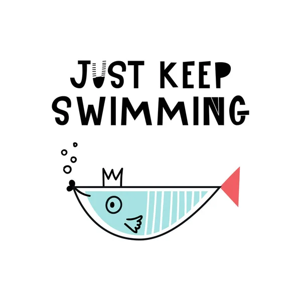 Basta Continuare Nuotare Carino Disegnato Mano Vivaio Poster Con Pesci — Foto Stock