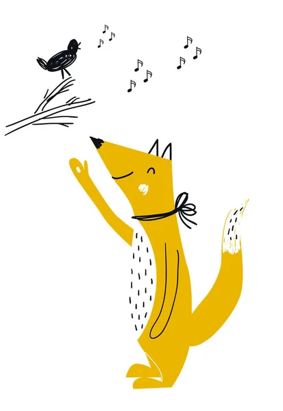 여우와 조류에 귀여운 그려진된 포스터 스타일에서 일러스트 — 스톡 사진