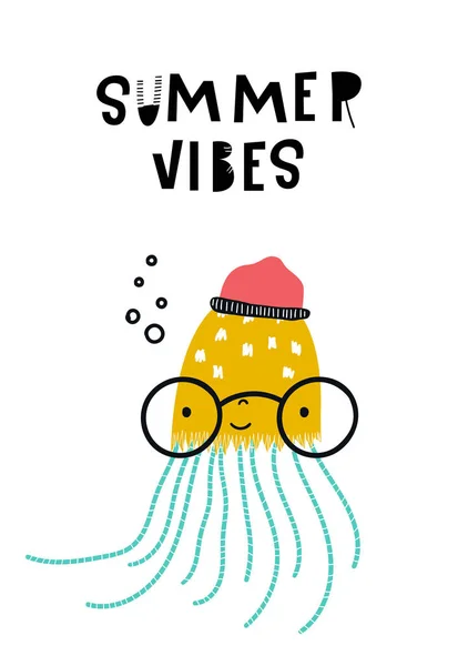 Summer vibes - Cute hand drawn nursery poster with cartoon jellyfish in glasses with lettering. Vector illustration in scandinavian style.