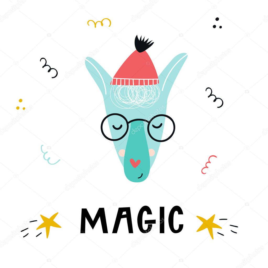 Magic - Cute hand drawn nursery poster with cool llama animal with glasses and hat and hand drawn lettering. Vector illustration in candinavian style.