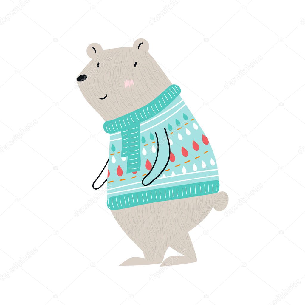 Cute hand drawn nursery poster with big bear animal in a winter sweater . Vector illustration in scandinavian style.
