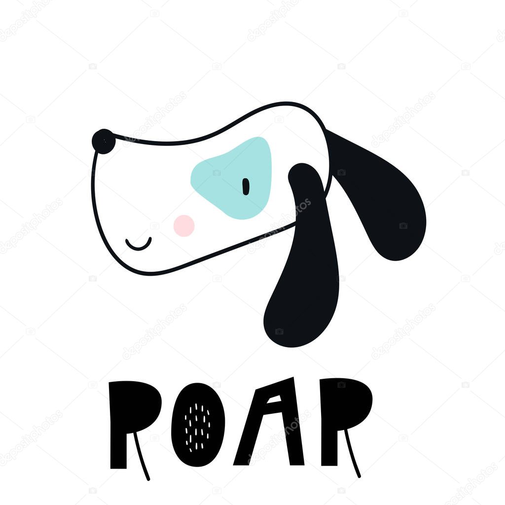 Roar - Cute hand drawn nursery poster with cartoon dog and lettering. Vector illustration in scandinavian style.