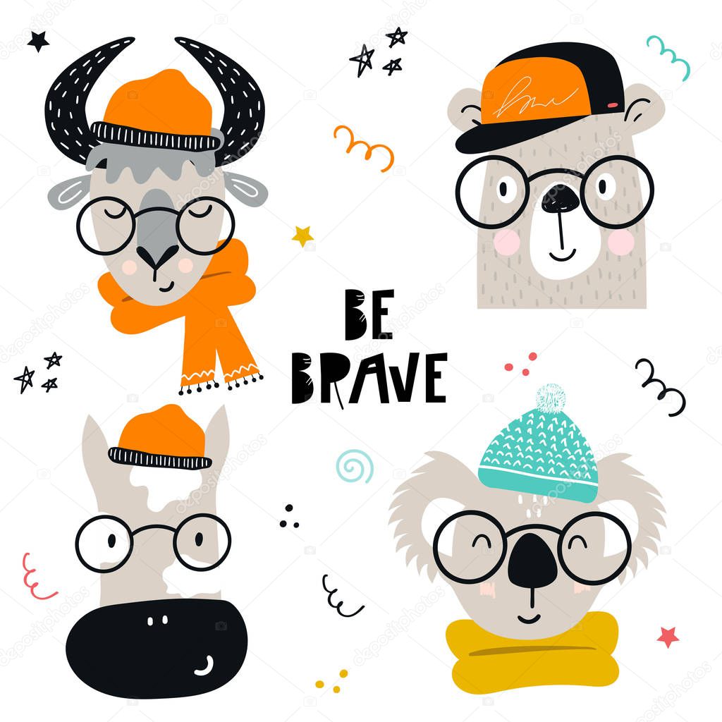 Collection of cute kids cartoon animals with clothes and accessories. Set of wild characters in scandinavian style. Vector illustration.