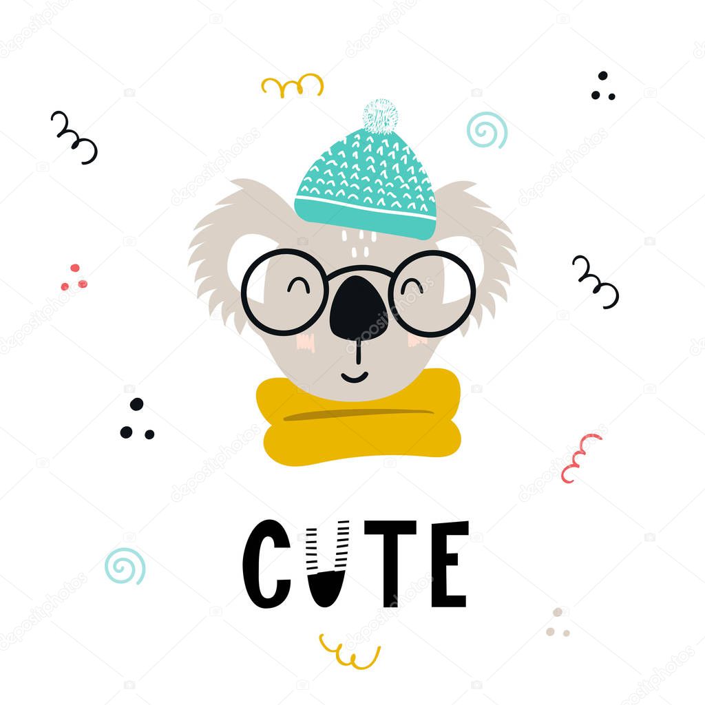 Cute hand drawn nursery poster with cartoon koala animal character in glasses and a hat with hand drawn lettering. Vector illustration in scandinavian style.