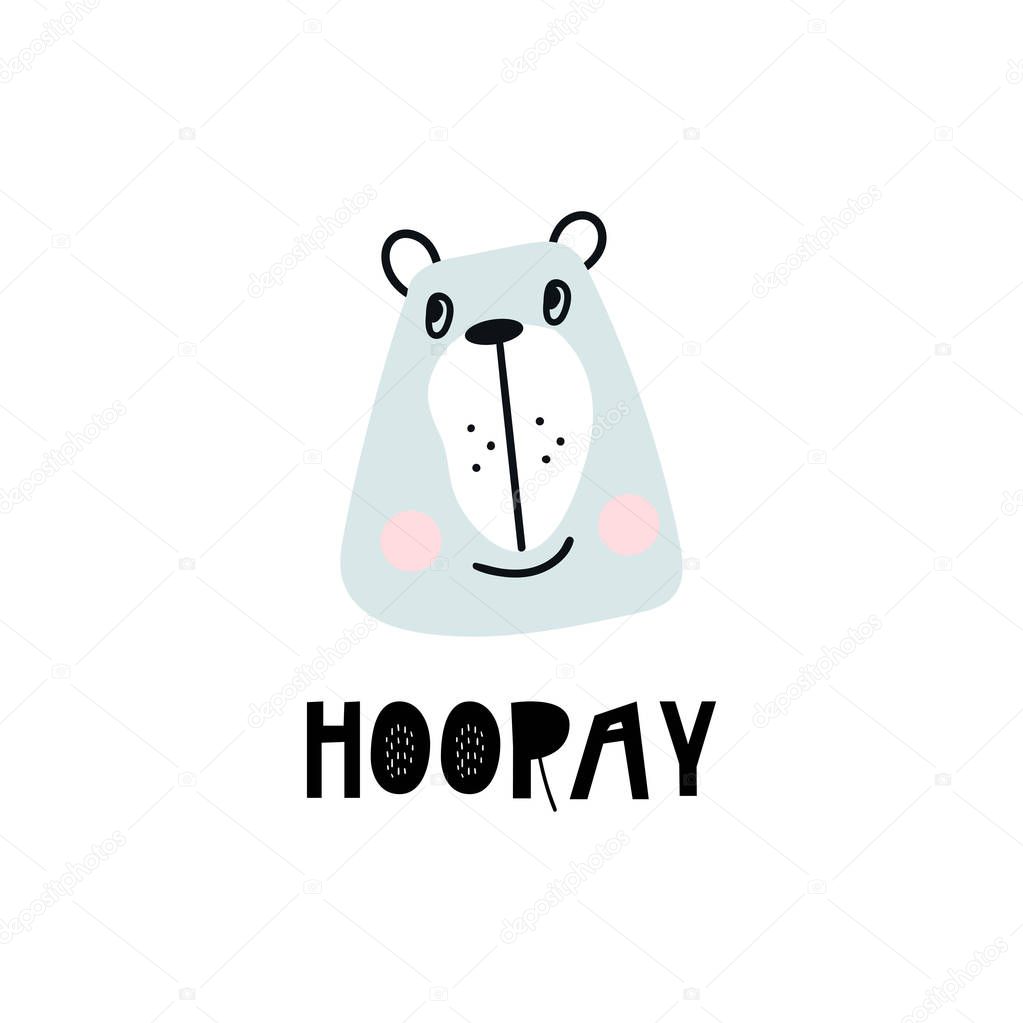 Hooray - Cute hand drawn nursery poster with cartoon bear animal character and lettering in scandinavian style. Kids vector illustration.