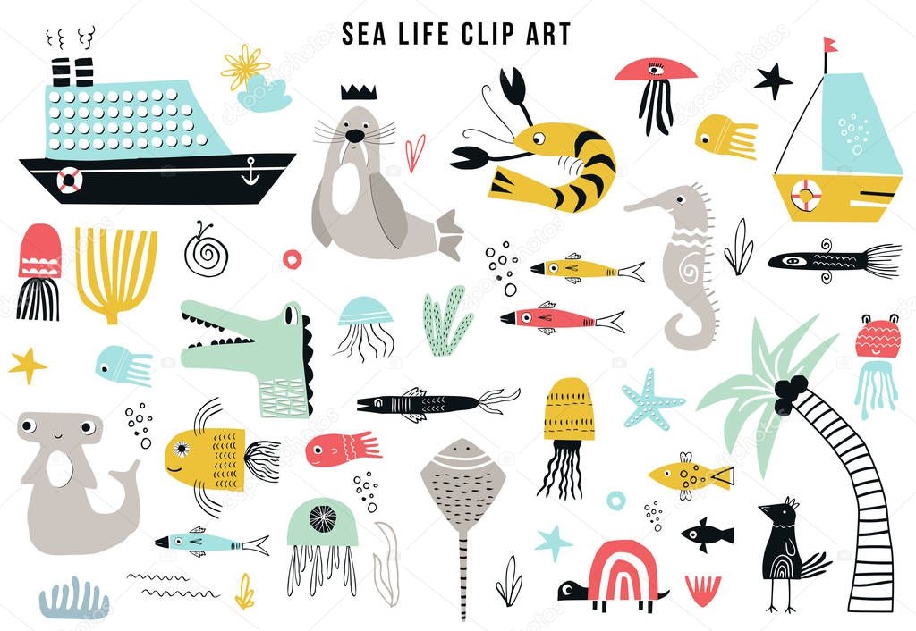 Big kids sea life clipart collection. A large set of items on the marine theme cut out of paper. Vector illustration.