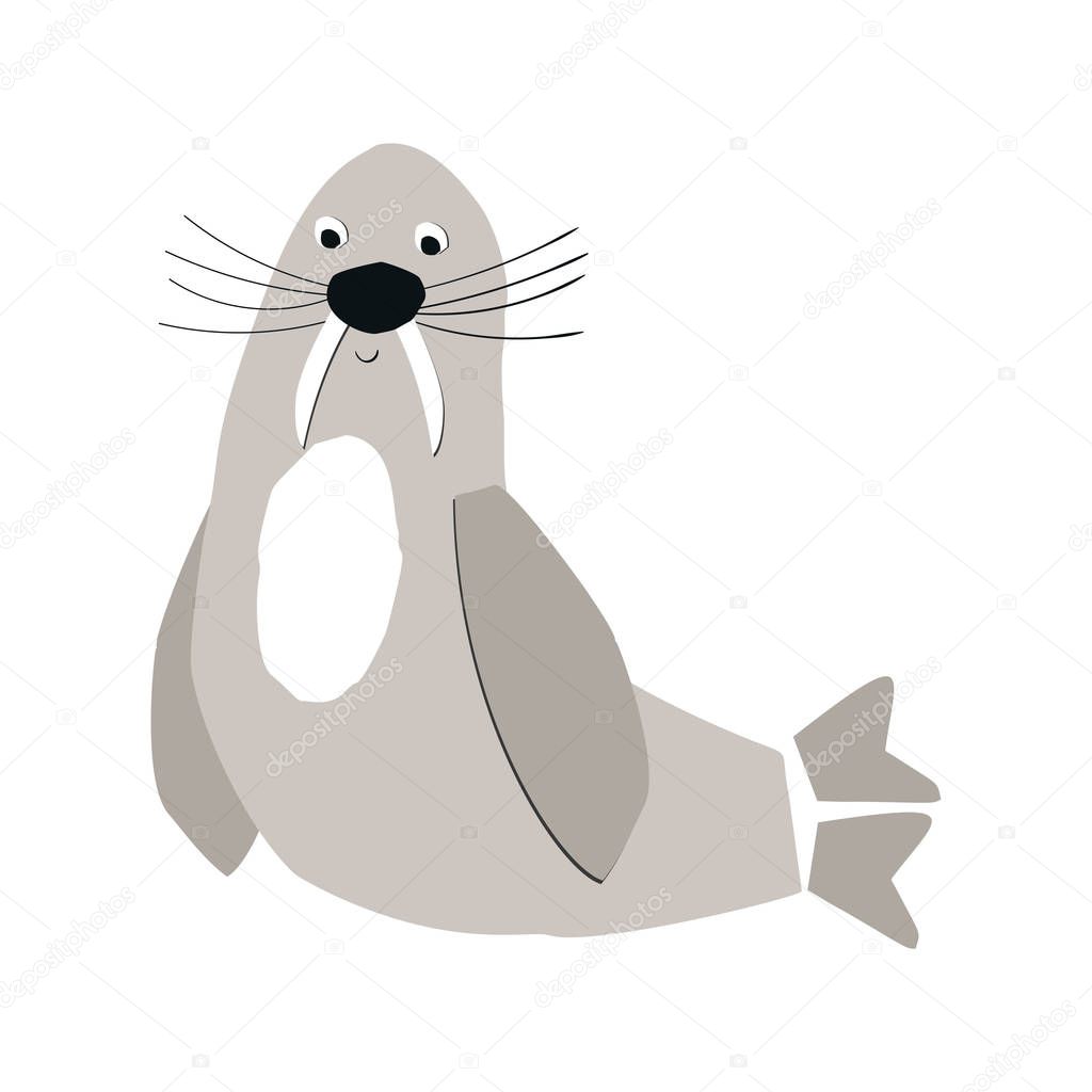 Summer kids poster with a walrus cut out of paper. Vector illustration.