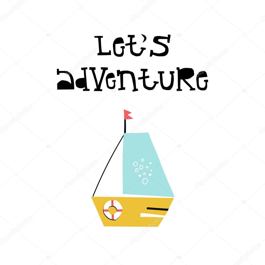 Let's adventure - Summer kids poster with cute ship cut out of paper. Vector illustration.