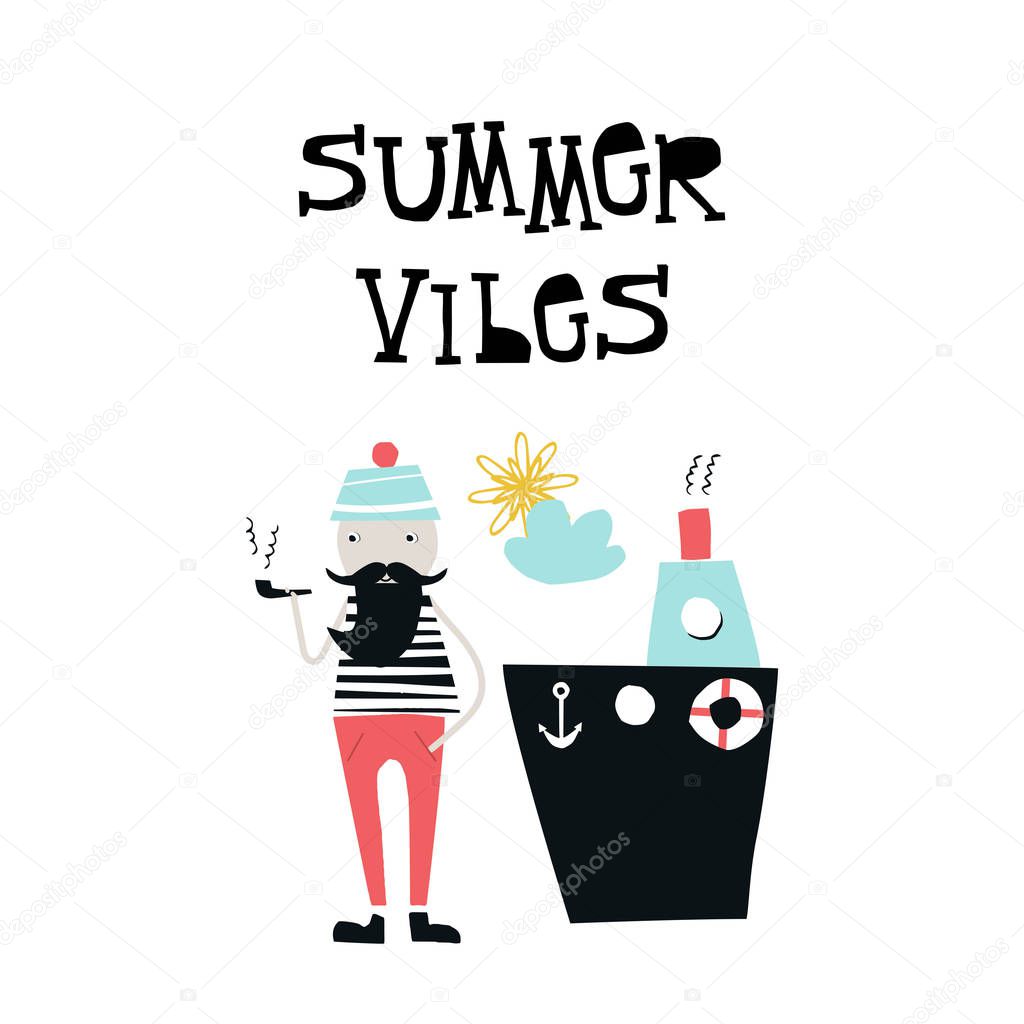 Summer vibes - kids poster with cute captain smoking a pipe near the ship. Cut out of paper vector illustration.