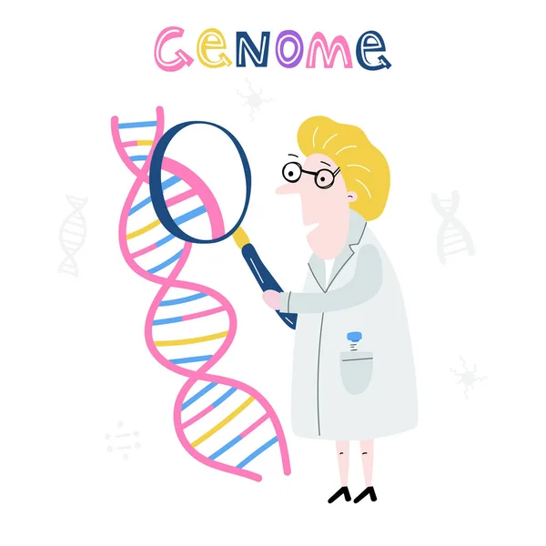 Scienziato che esplora la struttura del DNA. Concetto di sequenziamento del genoma disegnato a mano realizzato in vettore. Progetto genoma umano — Foto Stock