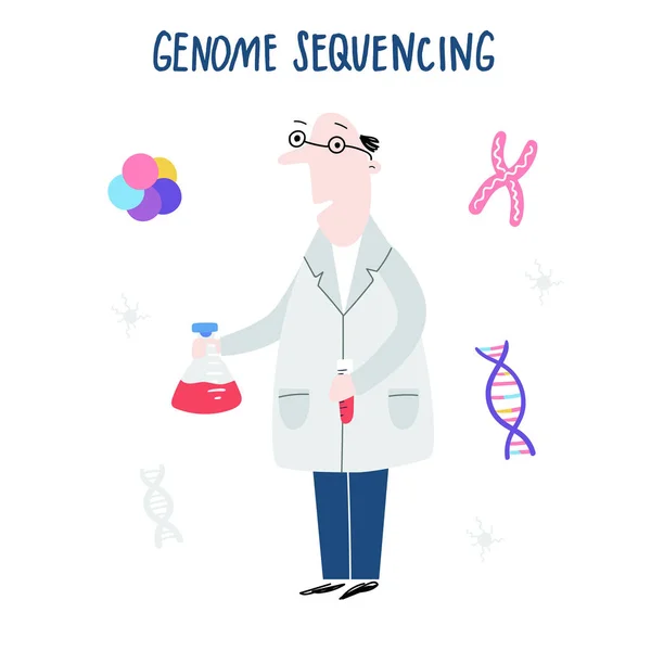 과학자 탐구 Dna 구조입니다. 손으로 그린된 게놈 시퀀싱 개념 벡터에서. 인간 게놈 프로젝트 — 스톡 사진