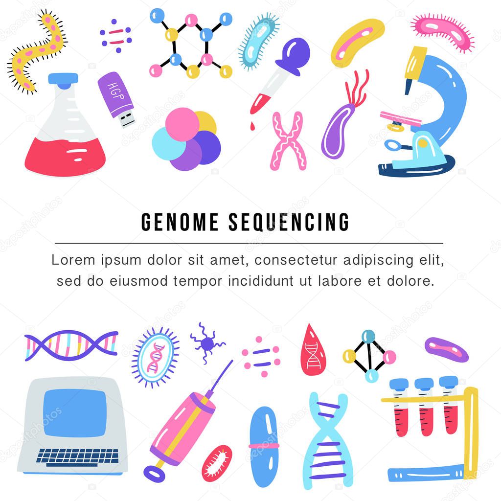 Hand drawn genome sequencing concept. Human dna research technology symbols.