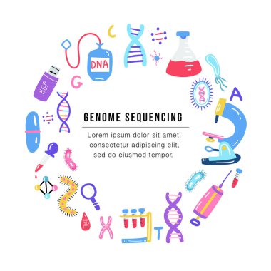 Elle çizilmiş genom sıralama kavramı. İnsan DNA'sı araştırma teknoloji sembolleri.