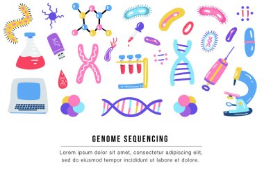 Elle çizilmiş genom sıralama illüstrasyon. İnsan DNA'sı araştırma teknoloji sembolleri.