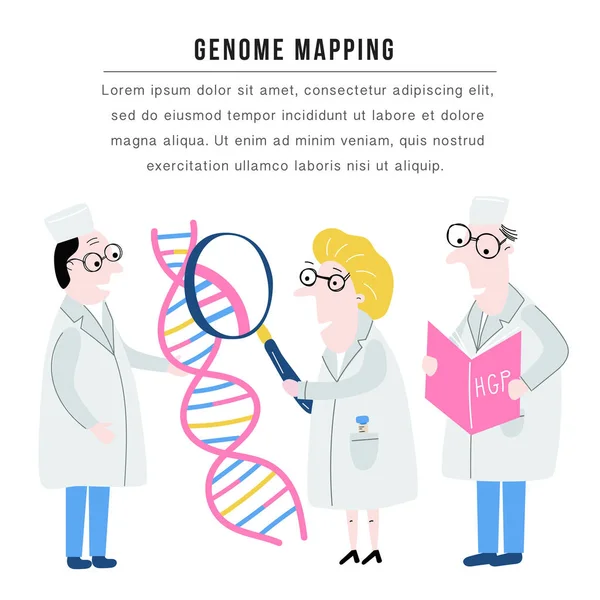 과학자 탐구 Dna 구조입니다. 손으로 그린된 게놈 시퀀싱 개념 벡터에서. 인간 게놈 프로젝트 — 스톡 벡터