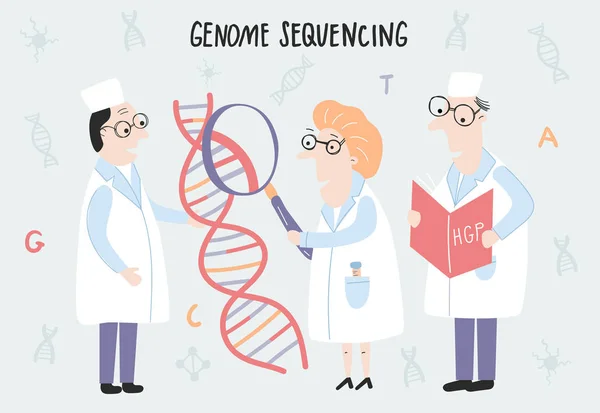 Cientista a explorar a estrutura do ADN. Conceito de sequenciamento genômico desenhado à mão feito em vetor. Projecto genoma humano —  Vetores de Stock