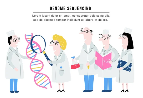 Scientifique explorant la structure de l'ADN. Concept de séquençage du génome dessiné à la main en vecteur. Projet du génome humain — Image vectorielle