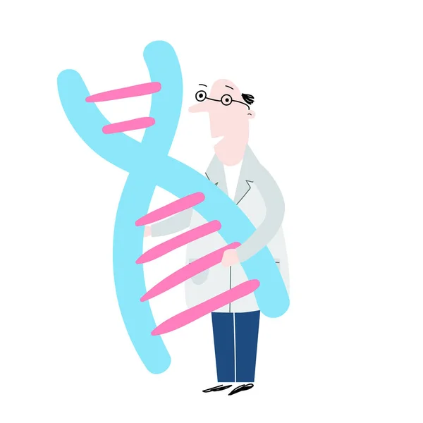 Cientista a explorar a estrutura do ADN. Conceito de sequenciamento genômico desenhado à mão feito em vetor. Projecto genoma humano — Vetor de Stock