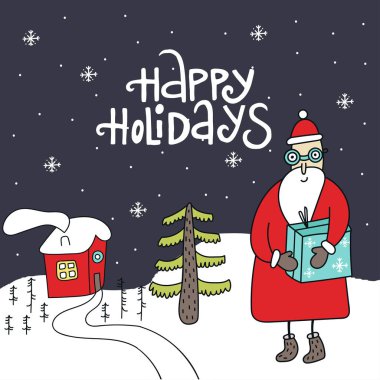 Yeni yıl kartı - Santa bir hediye, elle çizilmiş yazı ve Noel ağacı.