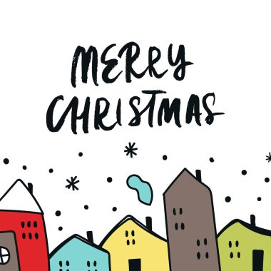 Noel kartı elle çizilmiş karikatür renk ile evler, karlı gökyüzü ve handdrawn yazı. Yeni yıl vektör çizim