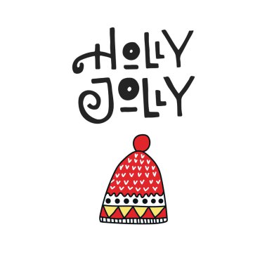 Holly Jolly - Noel ve yeni yıl kartı elle çizilmiş yazı ve kış şapka ile. Vektör çizim