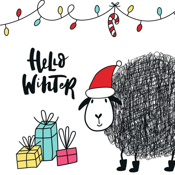 Hola invierno - Bonita y divertida tarjeta de Año Nuevo con ovejas en sombrero de santa, decoraciones y letras dibujadas a mano . —  Fotos de Stock
