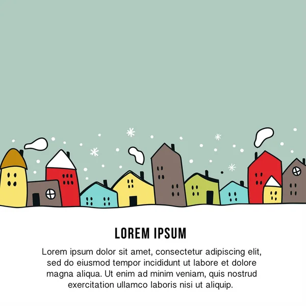 Nya året banner mall - handritad illustration med olika hus och snöig natthimmel. — Stockfoto