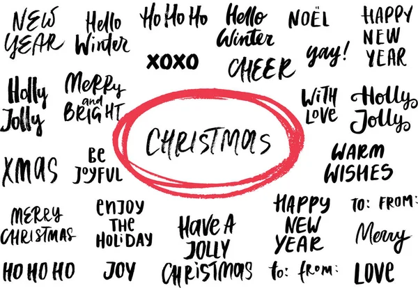 新年とクリスマスのフレーズや単語のセットです。手描き文字のコレクションです。ベクトル図. — ストック写真