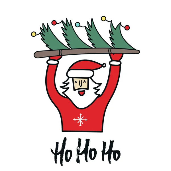 Illustration zum neuen Jahr - Weihnachtsmann mit Weihnachtsbaum und handgezeichnetem Schriftzug. niedliche und lustige Vektorillustration — Stockfoto