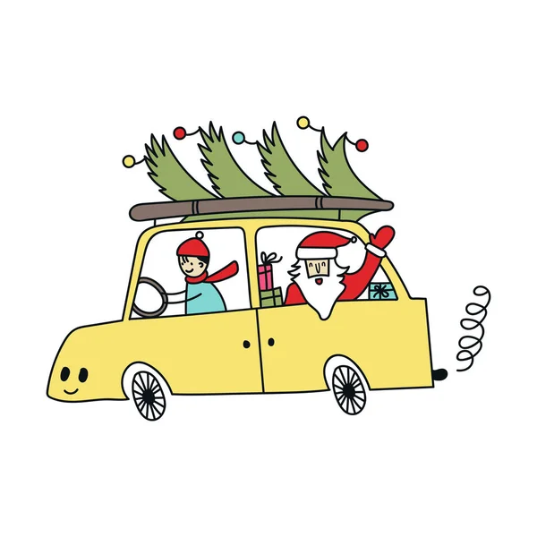 Neujahr und Weihnachten Illustration mit Weihnachtsmann auf dem Auto mit Weihnachtsbaum. Vektorillustration — Stockfoto