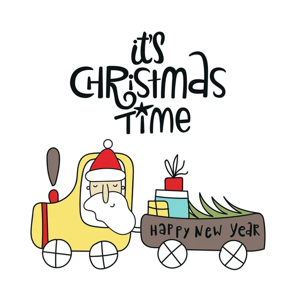 新年和圣诞节例证与手绘的文字和圣诞老人在汽车与圣诞树. — 图库照片