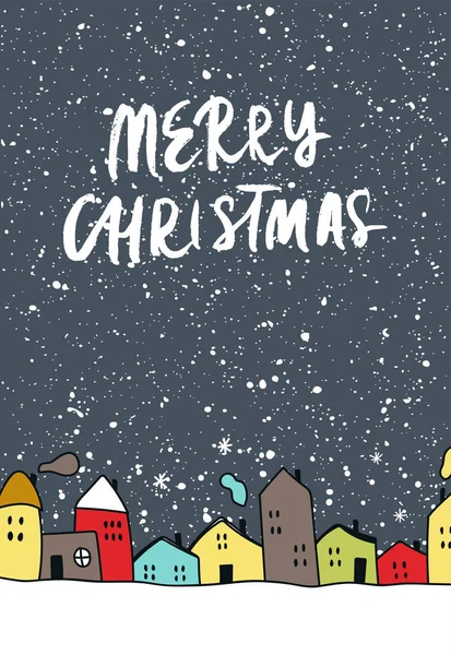 圣诞快乐--夜空和雪中的彩屋。向量例证与手绘的文字 — 图库照片